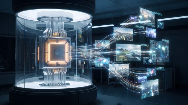Quantum computer processor inside glass cooling chamber connects multiple holographic universe simulations for advanced data processing and metaverse research.