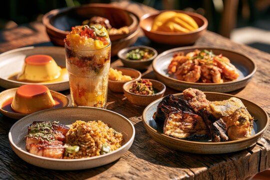 Bright, inviting traditional Filipino kitchen-table scene with halo-halo and diverse dishes for a festive feast