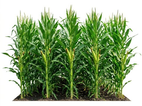 A row of tall green corn stalks growing in a farm field isolated on a bright white background cutout
