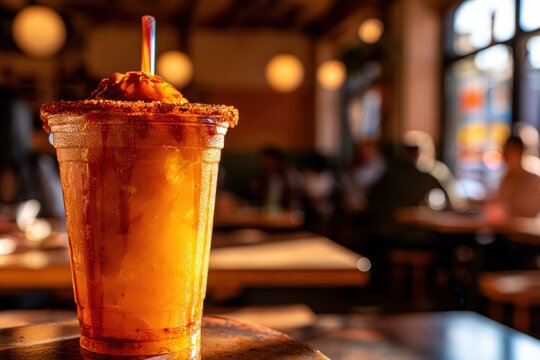 Bright mango beverage with chili-salt rim photographed in a sunlit restaurant interior