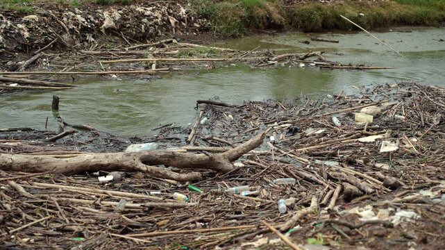 Plastic waste accumulating in mangrove forests and rivers, highlighting marine pollution, overflowing waste. Environmental conservation, plastic reduction, recycling and sustainable future concept.

