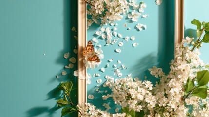 Fototapeta premium Bright spring background with blooming flowers, scattered petals, and a resting butterfly inside a simple frame on a turquoise surface