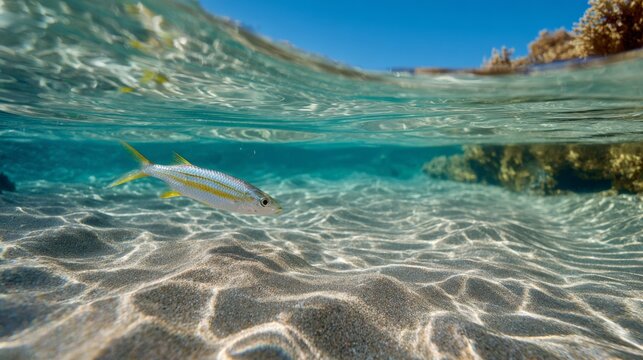 Small yellowstripe goatfish swimming underwater in shallow tropical sea water