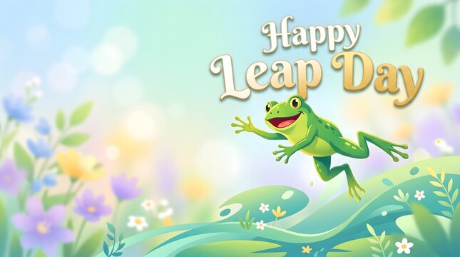 Leap Year, Frog, Happy green frog jumping on a pastel spring background with text -Happy Leap Day