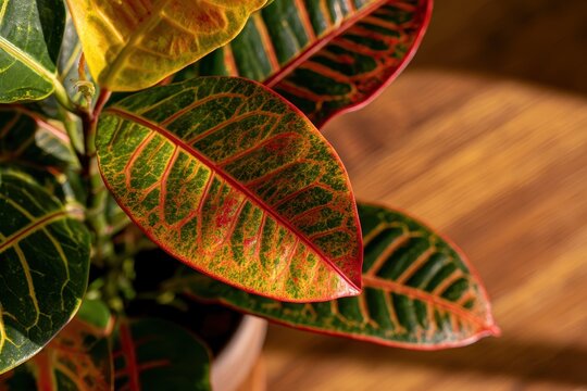 Bright variegated croton Petra plant on rustic wood surface with room for text