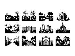 Fototapeta premium Dark graveyard environment silhouettes abandoned chapels and spooky burial ground scenery.
