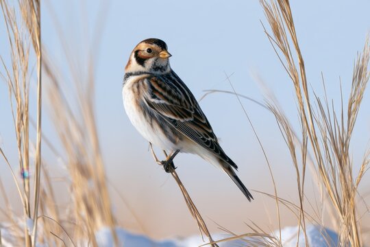 Calcarius lapponicus in open tundra: delicate plumage against a snowy landscape