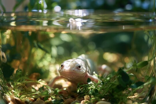 Calm Albino African Clawed Frog in Clear Tank Surrounded by Submerged Plants