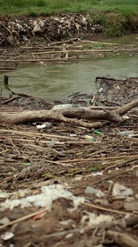 Plastic waste accumulating in mangrove forests and rivers, highlighting marine pollution, overflowing waste. Environmental conservation, plastic reduction, recycling and sustainable future concept.
