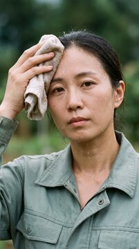 Weathered woman wiping sweat with a towel after an intense outdoor workout