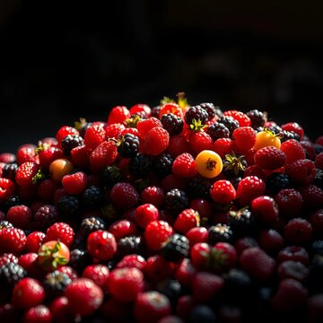 A vibrant pile of berries, a jewel-toned galaxy in miniature, spills from an unseen source, their forms sculpted by audacious light and deep shadow,  artistic,  low angle