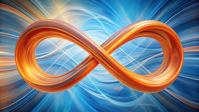 Abstract Infinite Loop Design  Shiny Orange Curves on a Vibrant Blue Swirling Background