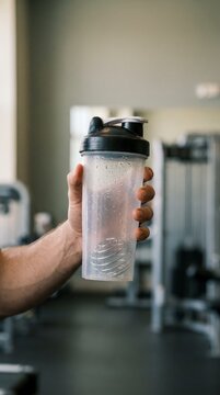 Weathered hand holding a protein shaker bottle inside a busy urban gym