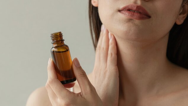 Young woman holding her neck in pain and discomfort at home, grimacing from neck ache and tension while seeking relief and self-care in a bright modern living space
