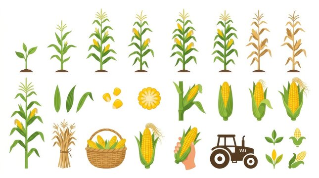 Set of corn plants growth stages with harvested ears of corn in a basket and a farm tractor icon