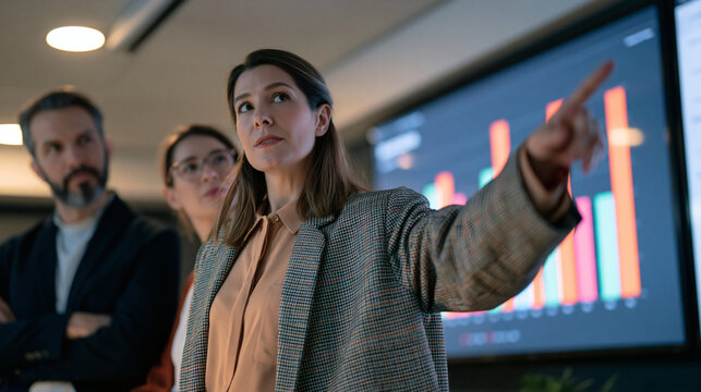 Business Meeting Leadership: A confident businesswoman directs her team during a crucial meeting, pointing towards a glowing graph on a large screen.