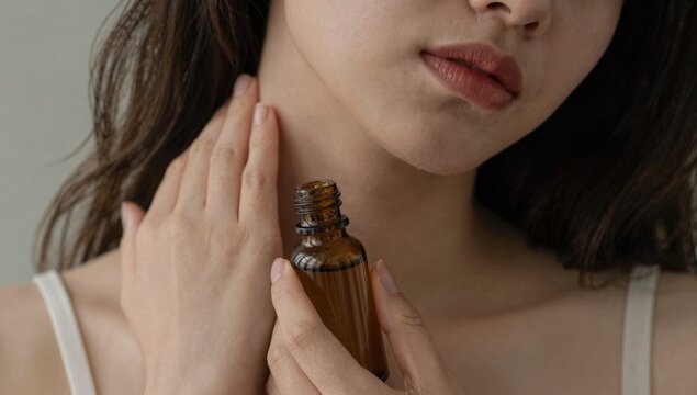 Young woman holding her neck in pain and discomfort at home, grimacing from neck ache and tension while seeking relief and self-care in a bright modern living space