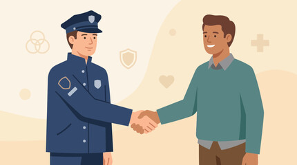 Fototapeta premium A symbolic flat design illustration showing a handshake between a first responder and a civilian, representing trust, gratitude, and community connection