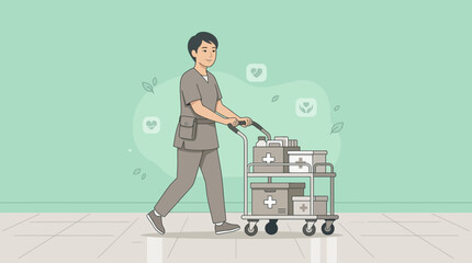 Obraz premium Healthcare worker pushing medical cart, isolated on transparent background