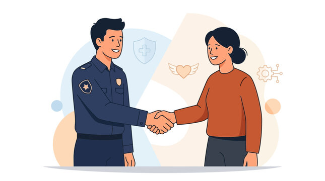 A symbolic flat design illustration showing a handshake between a first responder and a civilian, representing trust, gratitude, and community connection