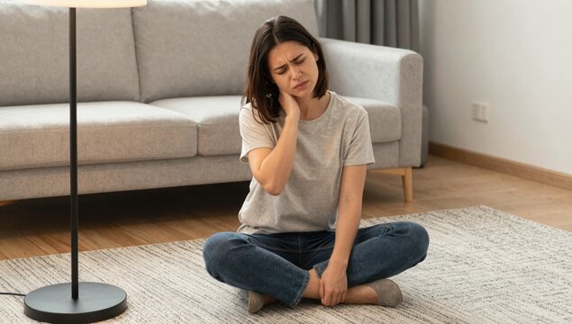 Young woman holding her neck in pain and discomfort at home, grimacing from neck ache and tension while seeking relief and self-care in a bright modern living space