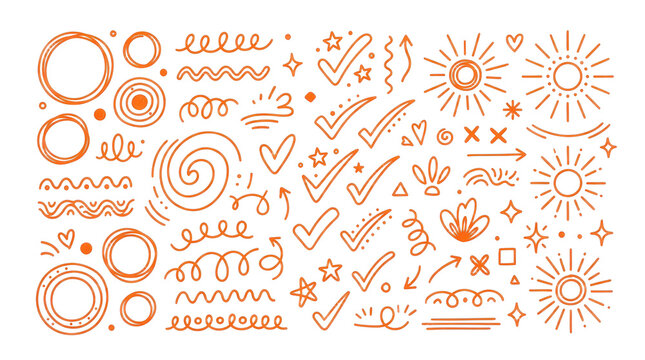 Set of hand drawn orange doodles elements isolated on transparent background