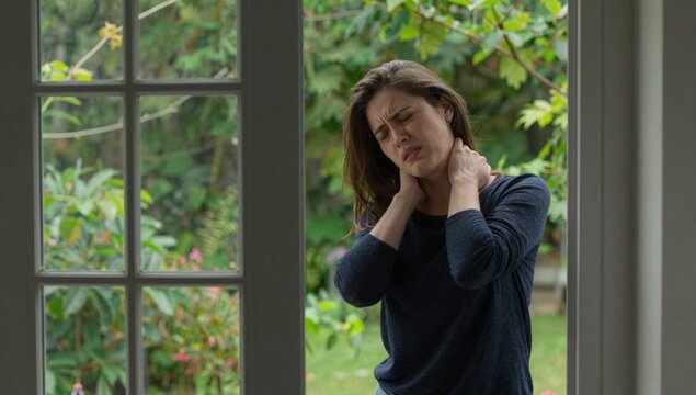 Young woman holding her neck in pain and discomfort at home, grimacing from neck ache and tension while seeking relief and self-care in a bright modern living space