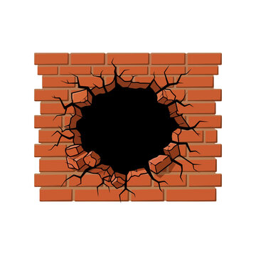 Broken red brick wall with a large hole in the center Vector