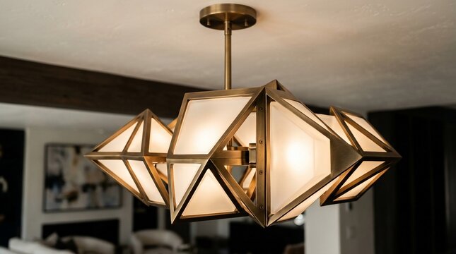 Geometric chandelier with frosted glass panels and brass frame
