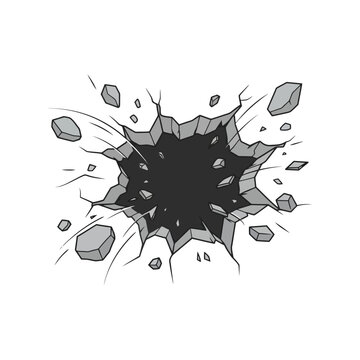 Black hole impact crater with flying rocks and debris in a simple cartoon comic book style Vector