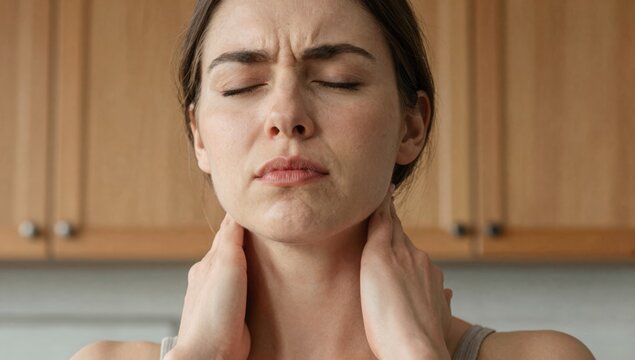 Young woman holding her neck in pain and discomfort at home, grimacing from neck ache and tension while seeking relief and self-care in a bright modern living space