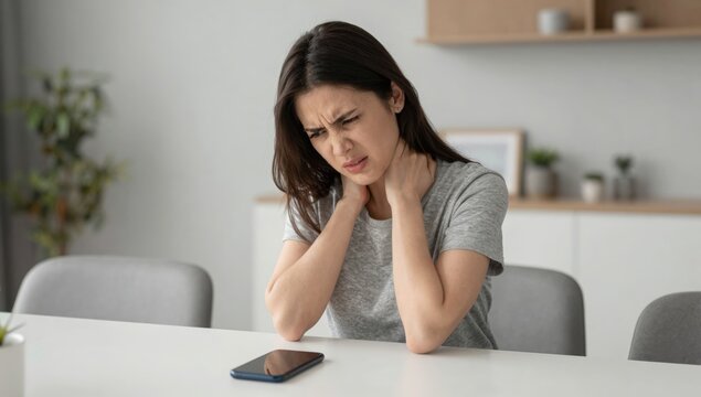 Young woman holding her neck in pain and discomfort at home, grimacing from neck ache and tension while seeking relief and self-care in a bright modern living space