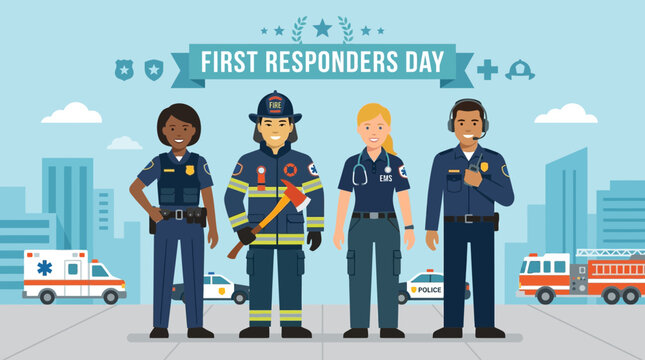 A vibrant flat design illustration depicting a diverse team of first responders proudly standing together, symbolizing unity and appreciation for their service on First Responders Day. 