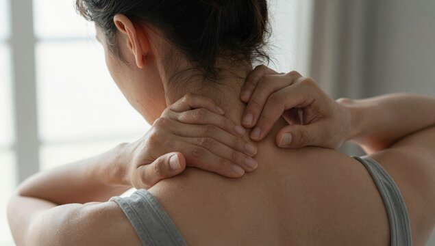 Young woman holding her neck in pain and discomfort at home, grimacing from neck ache and tension while seeking relief and self-care in a bright modern living space