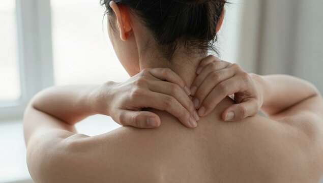 Young woman holding her neck in pain and discomfort at home, grimacing from neck ache and tension while seeking relief and self-care in a bright modern living space