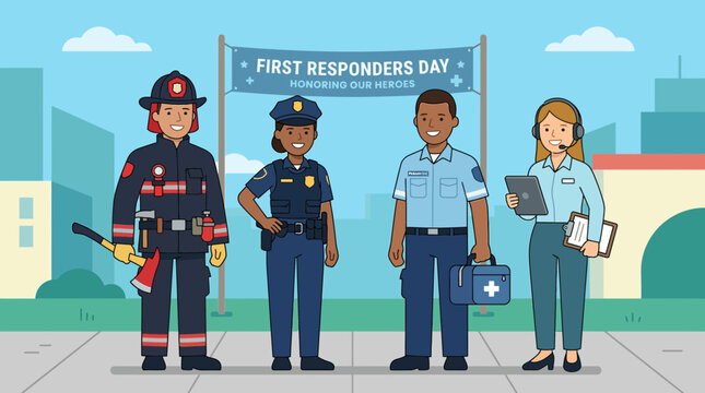 A vibrant flat design illustration depicting a diverse team of first responders proudly standing together, symbolizing unity and appreciation for their service on First Responders Day. 