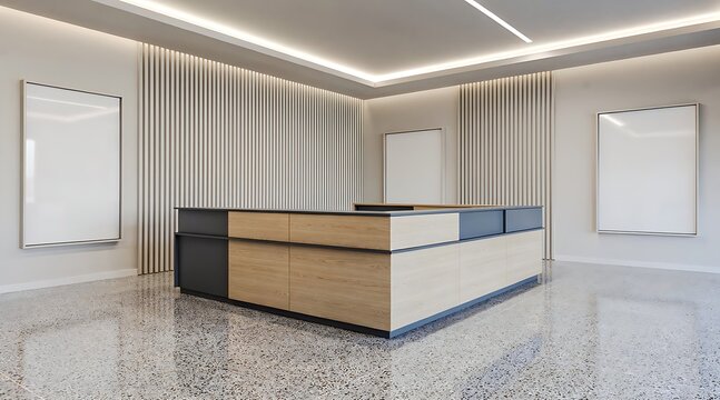Modern minimalist interior design with a large central island and blank wall frames.