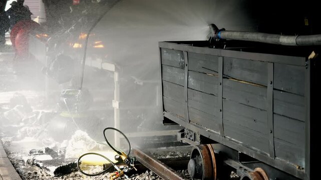 Industrial fire suppression system sprays a powerful stream of water near heavy equipment, demonstrating emergency fire protection and workplace safety.