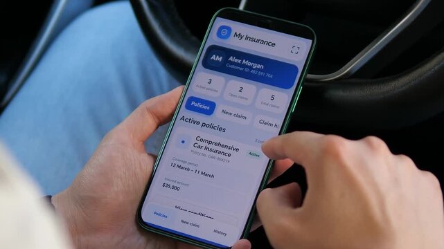 Person reviews active insurance policies and vehicle claim history on a smartphone, reflecting the rise of mobile self-service, digital coverage management and faster claims tracking.