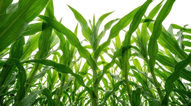 Low angle view of vibrant green corn leaves growing in a field under bright sunlight in summer season