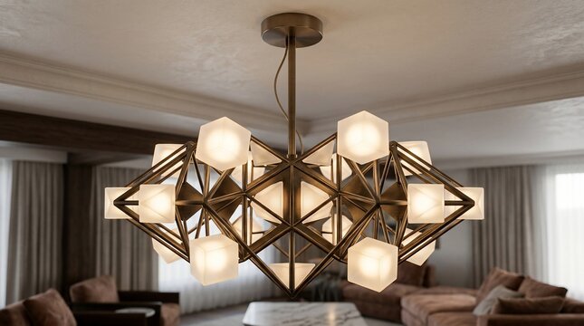 Modern geometric chandelier with multiple light fixtures indoors