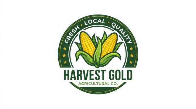 Fresh local quality harvest gold agricultural company logo design with yellow corn and green leaves
