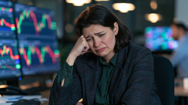 Tragic Loss in Finance: A distressed woman, overwhelmed by financial downturn, faces the harsh reality of the stock market crash, her face etched with despair.