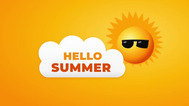 Hello summer text with cheerful sun wearing cool black sunglasses in this bright yellow graphic motion video animation loop