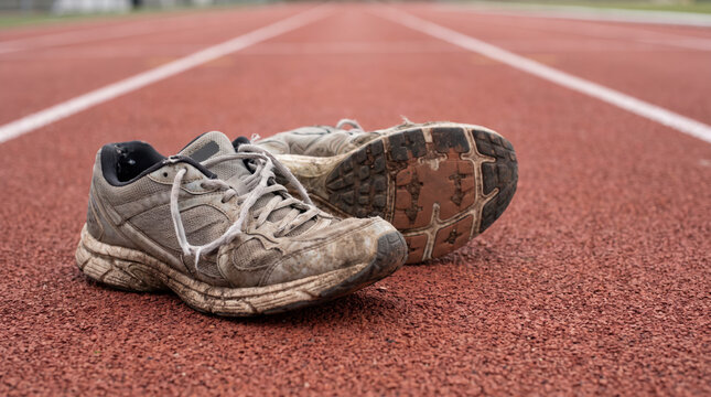 Weathered running shoes resting on an empty urban athletic running track