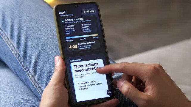 User reviews an AI email inbox that flags urgent messages, detects a deadline and turns a busy workday into a clear list of actions with smart prioritization.