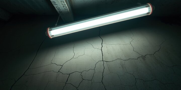 A single fluorescent light illuminates a cracked concrete ceiling.  The light casts a dim glow, highlighting the imperfections in the surface.