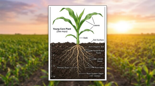 Educational diagram showing the anatomy of a young corn plant with detailed root system and soil layers