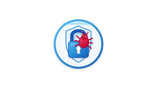 Red insect creature attacking digital padlock symbol, security threat animation video clip