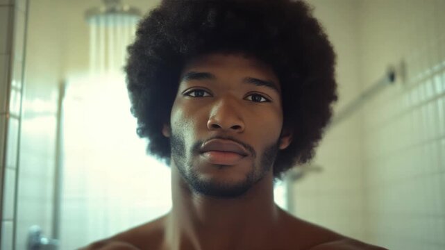 Portrait of a man with an afro hairstyle standing indoors